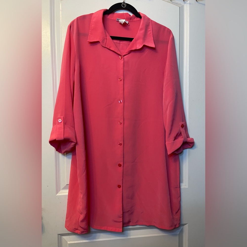 Vintage Blair Women’s XL Vibrant Pink Coral Collared Button Up Tunic Shirt
